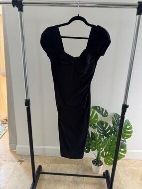 Stop Staring Black Sweetheart Midi Dress with Puff Sleeves- Billion Dollar Baby